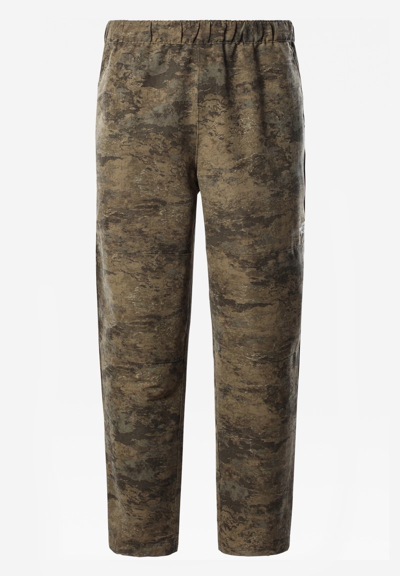 Tarnmuster-Hosen in gedämpften Brauntönen und Grüntönen, mit einem elastischen Bund und einem weichen, strukturierten Stoff.
