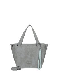 Borsa tote in pelle sintetica grigia con due manici, finiture in argento e una tracolla removibile. Presenta un grazioso cappio decorativo con perline.