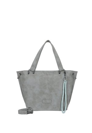 Graue Kunstleder-Shopper-Tasche mit zwei Griffen, silbernem Beschlag und einem abnehmbaren Schulterriemen. Mit einem dekorativen, mit Perlen besetzten Quastenanhänger.