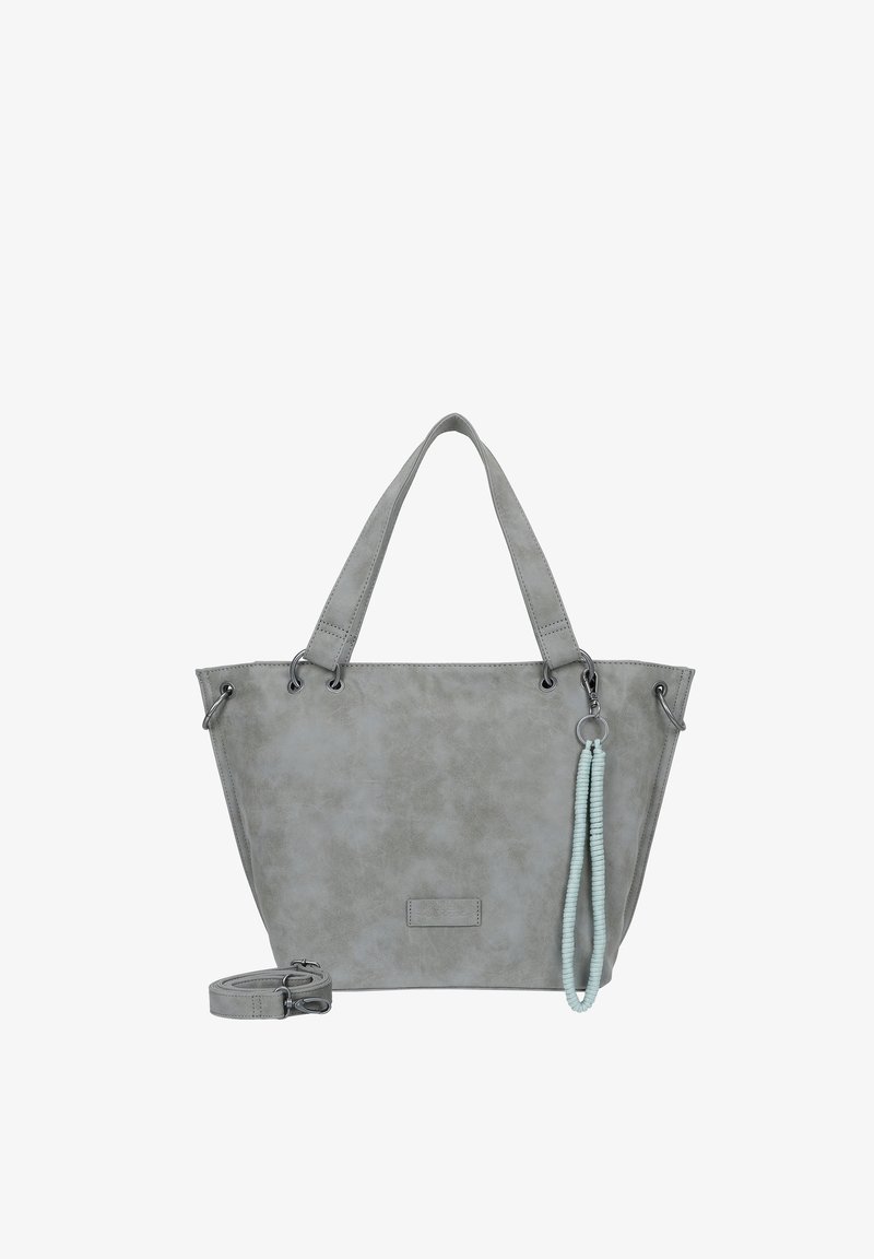 Borsa tote in pelle sintetica grigia con due manici, finiture in argento e una tracolla removibile. Presenta un grazioso cappio decorativo con perline.