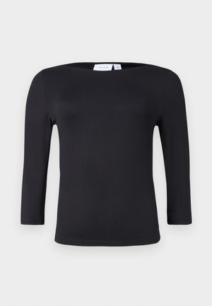 Black long-sleeve top with a round neckline, made from smooth, stretchy fabric. Features a fitted silhouette and no visible patterns or accents.