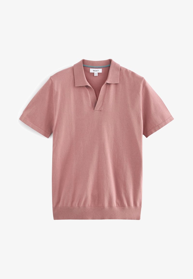 Polo manches courtes rose poussiéreux avec col et encolure en V ouverte, taille M, posé à plat sur fond blanc.