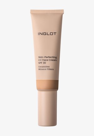 Inglot Skin-Perfecting CC -kasvovoideputkilo, jossa SPF 30, keramideja ja mineraalisuodattimia, beigen värisessä pakkauksessa.