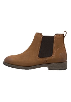 Braune Leder Chelsea-Stiefel mit schwarzem elastischem Seitenpanel, niedrigem gestapeltem Absatz und Zughilfe hinten.