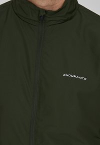 Mörkgrön lättviktsjacka med hög krage, utrustad med en frontdragkedja och en vit "ENDURANCE"-logotyp på vänster sida.