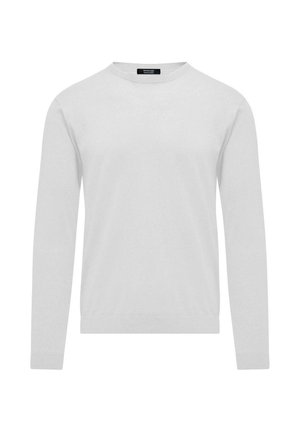 Maglione bianco a maniche lunghe con collo rotondo; texture liscia; polsini e orlo a coste; design semplice senza motivi o accenti visibili.