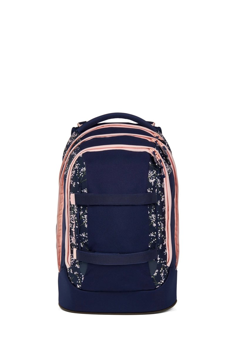 Zaino blu navy con strisce rosa, accenti a motivo floreale, molteplici scomparti, spallacci imbottiti e una base robusta.