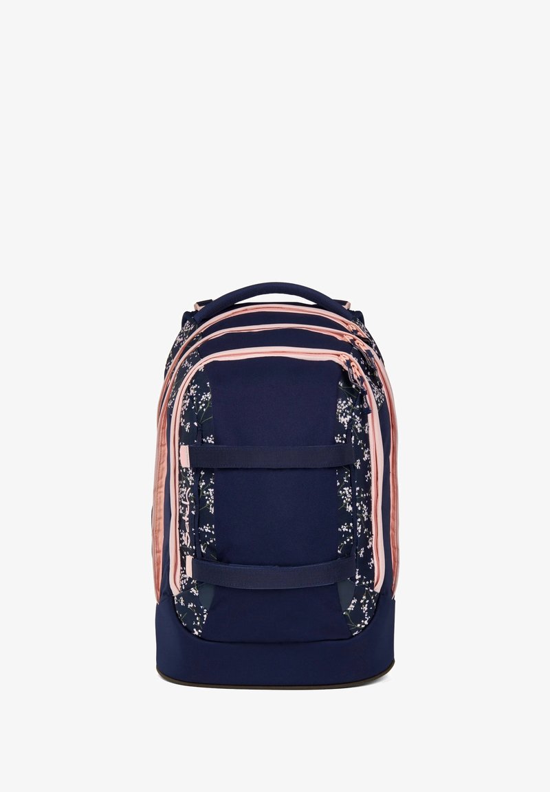 Marineblauer Rucksack mit rosa Streifen, floral gemusterten Akzenten, mehreren Fächern, gepolsterten Riemen und einem stabilen Boden.