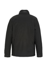 Sort, let jakke med høj krave, knaplukninger ved ærmerne og lynlåslommer. Glat tekstur, enkelt design, ingen synlige logoer eller mønstre.