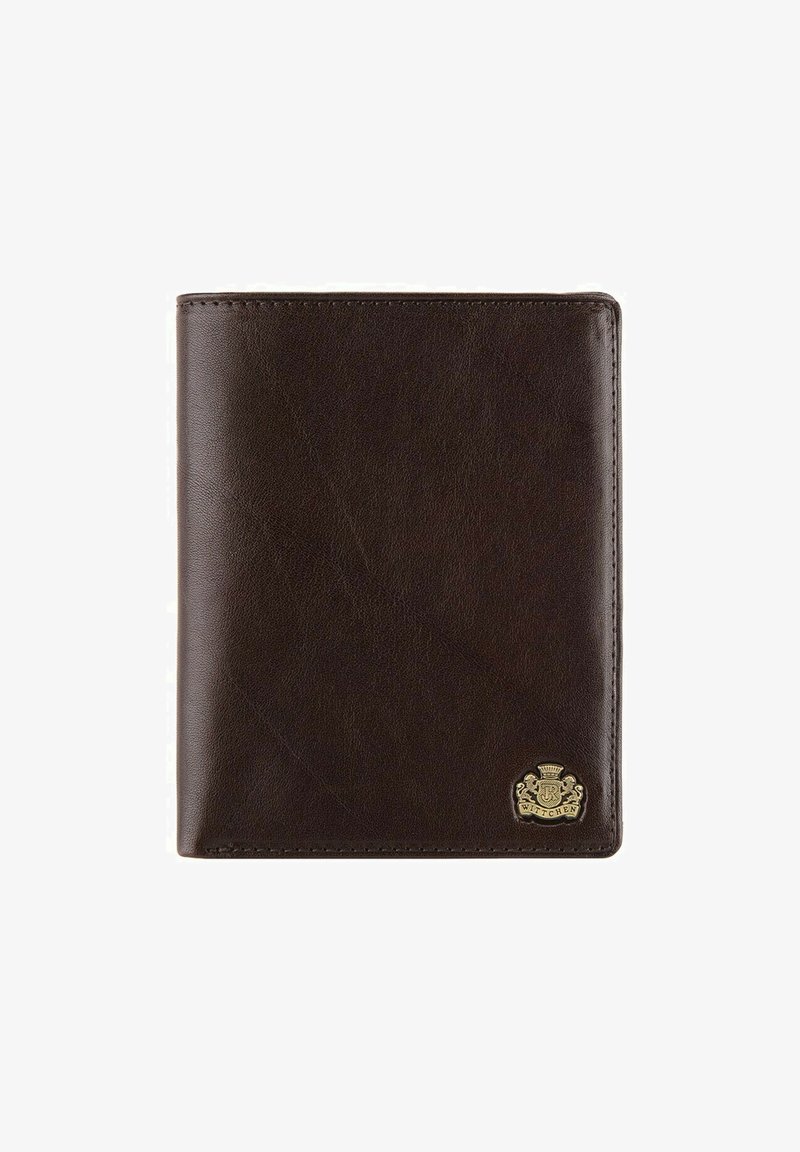 Brown leather wallet with a smooth texture, featuring a gold emblem at the bottom right corner and neat stitching along the edges.