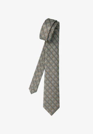 Patterned tie in beige with blue and brown geometric designs. Made of fabric, featuring a pointed end and a rolled section at the top.