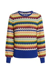 Multikleurige trui met zigzagpatronen in oranje, blauw, groen en geel. Ronde halslijn met een blauwe geribbelde afwerking en gerImpelde mouwen.