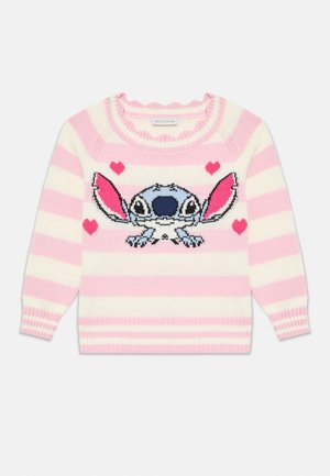Pink and white striped sweater with ribbed cuffs, featuring a blue cartoon character and pink hearts on the front. Knit texture.