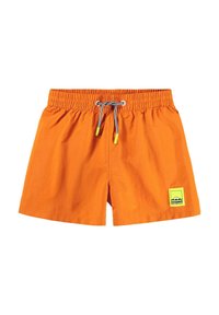 Orangea badshorts med elastisk midja och dragsko. Har en logotypmärke på nedre högra sidan. Lättviktsmaterial med en mjuk textur.