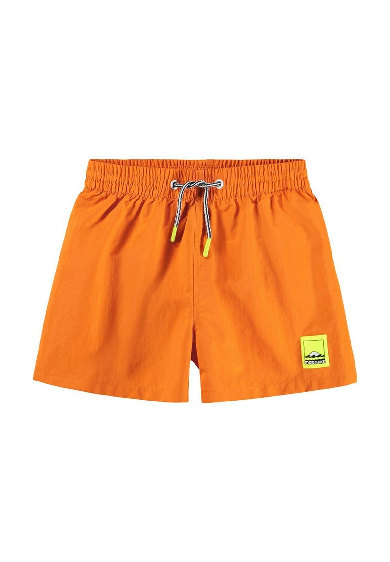 Orangea badshorts med elastisk midja och dragsko. Har en logotypmärke på nedre högra sidan. Lättviktsmaterial med en mjuk textur.