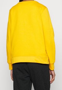 Felpa di cotone gialla con scollo rotondo e maniche lunghe. Texture liscia, vestibilità ampia, con lunghezza leggermente corta in vita.