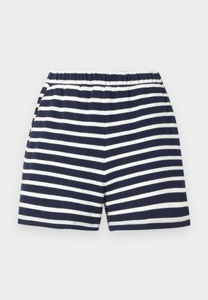Σορτς με ελαστική μέση σε ναυτικό μπλε και λευκές οριζόντιες ρίγες, άνετη εφαρμογή με ίσιο τελείωμα.