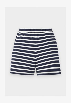 Shorts taille élastique à rayures horizontales marine et blanc, coupe décontractée avec un ourlet droit.