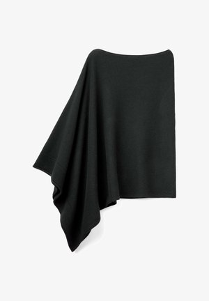 Dunkelgrüner Poncho aus weichem Stoff mit einer fließenden Silhouette, breitem Design und gerippten Kanten für Textur und Dimension.