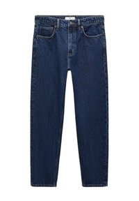 Jeans in denim blu scuro con design a gamba dritta, cinque tasche e chiusura con bottone superiore. Il tessuto ha una finitura leggermente texture.
