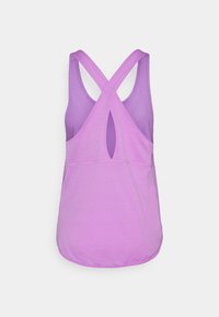 Purple tank top with a cross-back design, featuring a cut-out detail and a soft, textured fabric. Hem is rounded and slightly longer at the back.