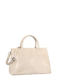 Sac à main en simili cuir serpent beige avec un design structuré, deux poignées supérieures et une bandoulière amovible. Texture lisse et intérieur spacieux.