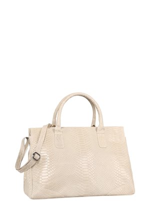 Beige nepleer handbag met een gestructureerd ontwerp, twee handvatten bovenaan en een afneembare schouderriem. Glad materiaal en ruime binnenkant.