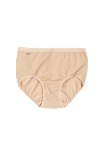 Slip da donna beige realizzato in tessuto morbido ed elasticizzato. Presenta un elastico in vita e aperture delle gambe arrotondate per un maggiore comfort.