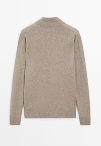 Beige knitted sweater with long sleeves, ribbed cuffs, hem, and mock neck shown from the back on a white background.