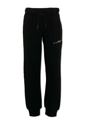Pantaloni da jogging in pile neri con fascia elastica in vita e polsini, coulisse regolabile e logo bianco "John Richmond" sulla parte superiore della coscia sinistra.