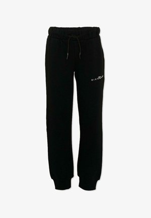 Zwarte fleece joggingbroek met elastische tailleband en boorden, verstelbare trekkoorden en wit "John Richmond"-logo op het bovenste linkerbeen.