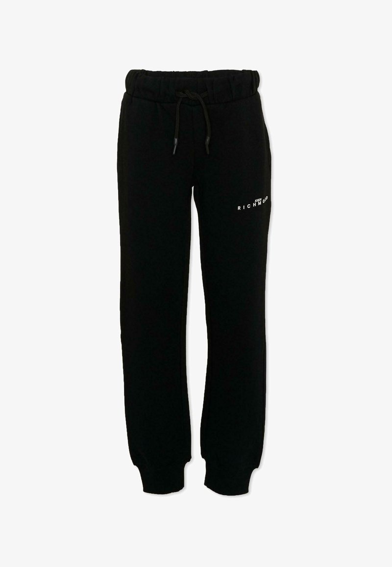 Pantalon de jogging en polaire noir avec taille et poignets élastiques, cordon réglable et logo blanc "John Richmond" sur la partie supérieure de la cuisse gauche.