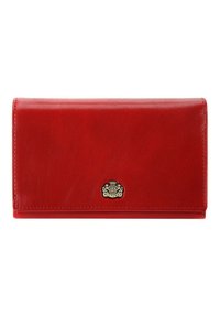 Red leather wallet with a smooth texture, fold-over design, and gold-tone logo accent at the center. Compact shape, no visible stitching details.