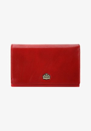 Portafoglio in pelle rossa con una texture liscia, design pieghevole e accentuazione del logo in tonalità oro al centro. Forma compatta, senza dettagli di cucitura visibili.