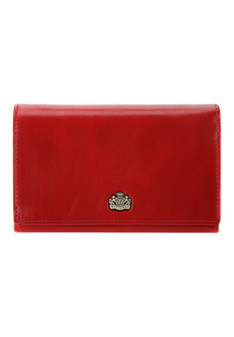 Red leather wallet with a smooth texture, fold-over design, and gold-tone logo accent at the center. Compact shape, no visible stitching details.