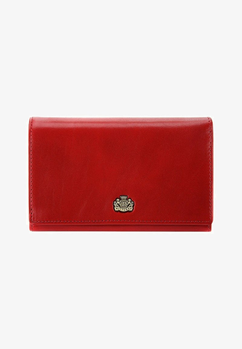 Rode leren portemonnee met een gladde textuur, vouwontwerp en een goudkleurig logo-accent in het midden. Compacte vorm, geen zichtbare stikseldetails.