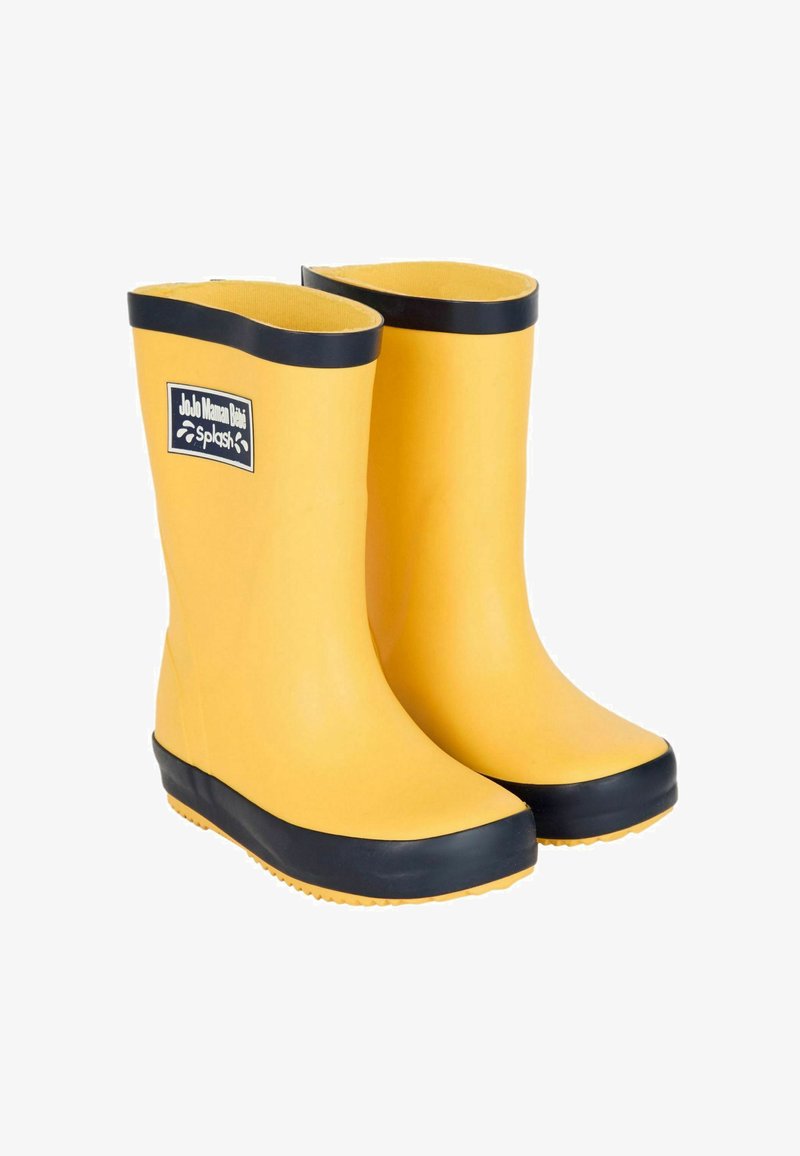 Bottes de pluie en caoutchouc jaunes avec des têtes et des semelles noires. Texture lisse avec un bout rond et un petit talon. Logo affiché sur le côté.