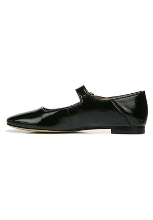 Black patent leather flat shoe with a rounded toe and a small strap across the top. Features a low heel and smooth, shiny surface.