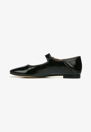 Schwarze Lacklederballerinas mit runder Zehenform und einem kleinen Riemen über dem Oberteil. Verfügt über einen niedrigen Absatz und eine glatte, glänzende Oberfläche.