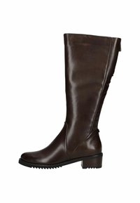 Bota de cuero marrón hasta la rodilla con punta redondeada, tacón bajo y textura suave. Presenta una costura diagonal y acentos de hardware mínimos.