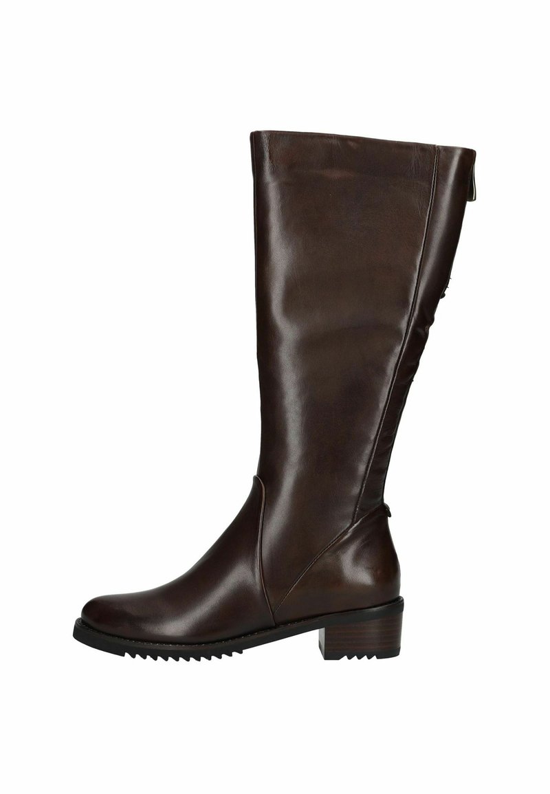 Bota de cuero marrón hasta la rodilla con punta redondeada, tacón bajo y textura suave. Presenta una costura diagonal y acentos de hardware mínimos.