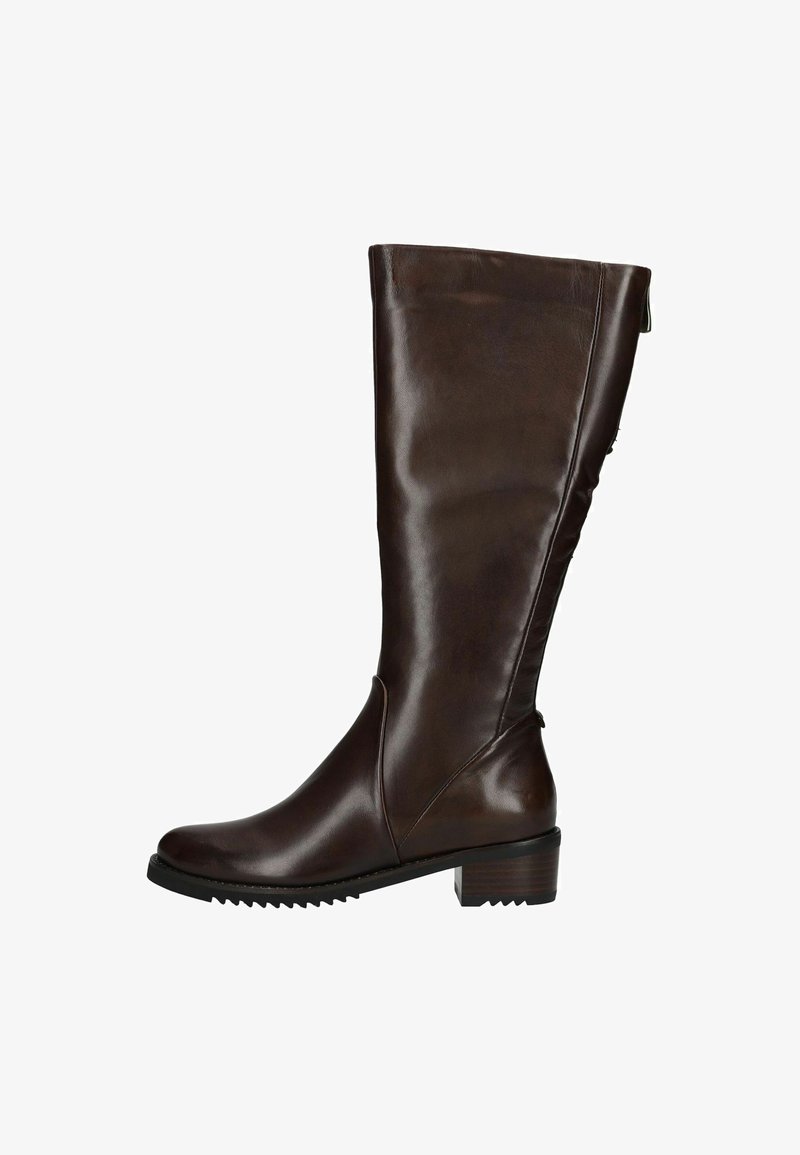 Bota de cuero marrón hasta la rodilla con punta redondeada, tacón bajo y textura suave. Presenta una costura diagonal y acentos de hardware mínimos.