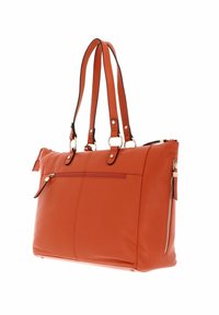 Sac cabas en cuir orange avec doubles poignées, fermeture zippée, poche avant et quincaillerie dorée. Texture lisse avec des détails cousus.