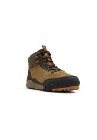 Bruine suede en mesh laars met zwarte rubberen neuskap, gestructureerde zool en metalen oogjes voor veters. Heeft een gevoerde enkelschacht.