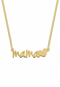 Goldfarbene Halskette mit dem Wort "mama" und einem Herzakzent, gefertigt in einem glatten, geschwungenen Schriftzug auf einer verbundenen Kette.