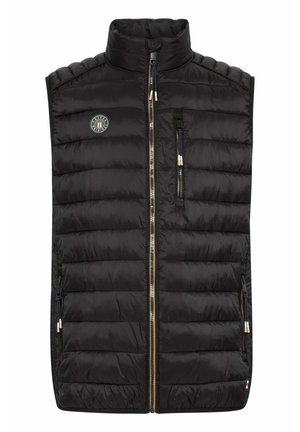 Black puffy vest with a high collar, featuring horizontal quilted pattern, zippered front, and two side pockets with pull tabs.