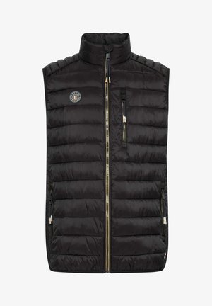 Black puffy vest with a high collar, featuring horizontal quilted pattern, zippered front, and two side pockets with pull tabs.