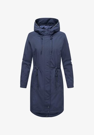Parka marine avec un col haut et une capuche ajustable, présentant des cordons de serrage à la taille, des manches longues et un ourlet arrondi. Texture de tissu lisse.