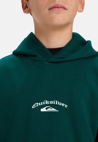 Žalias medvilnės džemperis su priekinėmis kengūros kišenėmis, ant kurio yra baltas Quiksilver logotipas. Audinys atrodo švelnus ir vidutinio storio.