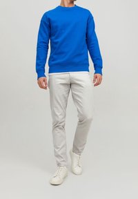 Felpa blu con scollo rotondo, polsini e fondo a coste, abbinata a jeans slim-fit grigi chiari e sneakers bianche. Design semplice.
